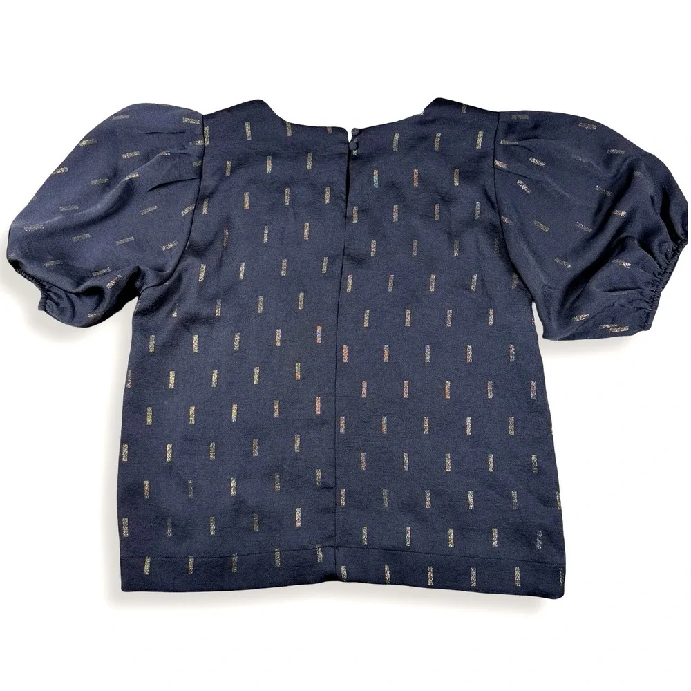 Madewell Womens Black Metallic Gold Dash Puff Sleeve‎ Blouse Top MC056 Small